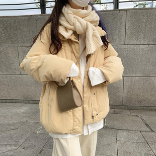 鹅黄色棉服外套灯芯绒棉袄慵懒少女奶系小个子加厚立领保暖面包服