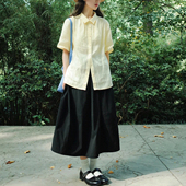 a字半身裙设计感小众压褶遮胯显瘦中长款 日式 黑色工装 纯棉半身裙