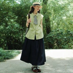 日式 深蓝色牛仔半身裙复古学生水洗做旧遮胯压褶纯棉小个子A字裙