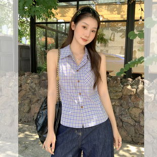淡紫色格子衬衫 上衣复古polo领格纹衬衣 女设计感小众修身 显瘦短款