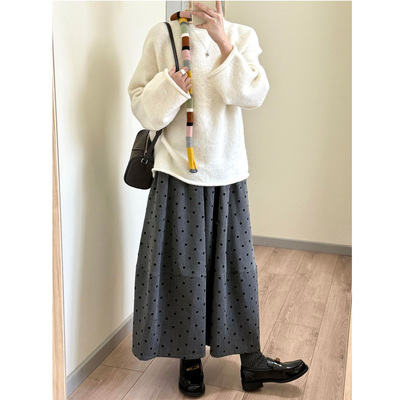 中长款花苞裙波点拼接口袋半身裙