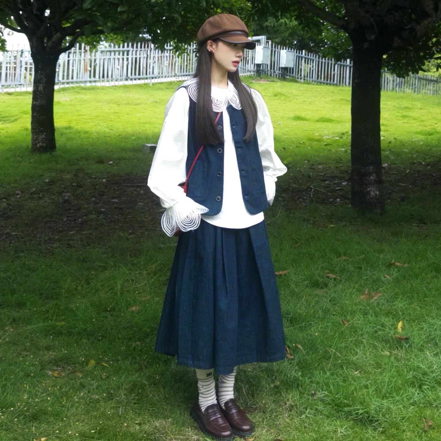 复古蓝色牛仔半身裙女早秋日系工装裙a字裙小众中长款小个子伞裙