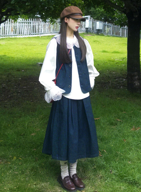 复古蓝色牛仔半身裙女早秋日系工装裙a字裙小众中长款小个子伞裙