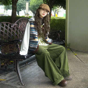 芥末绿灯芯绒阔腿裤女日系复古高腰垂感直筒裤设计感橄榄绿休闲裤