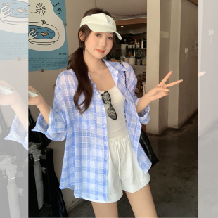 天空蓝衬衫 格纹衬衣 日系少女早秋防晒开衫 设计感小众polo领中长款