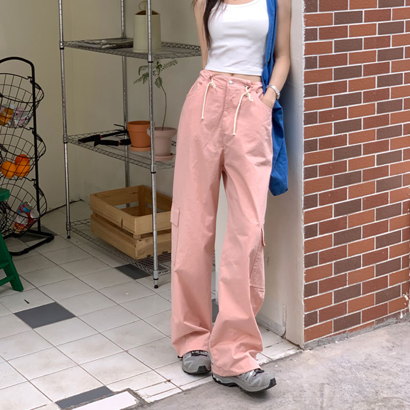 淡粉色工装裤女美式复古设计感立体口袋抽绳系带垂感藕粉色阔腿裤