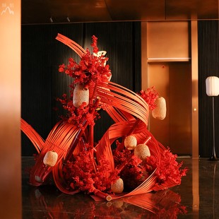 新年装饰花艺大型落地红色架构酒店商场公司大厅中式竹竿竹篾摆件