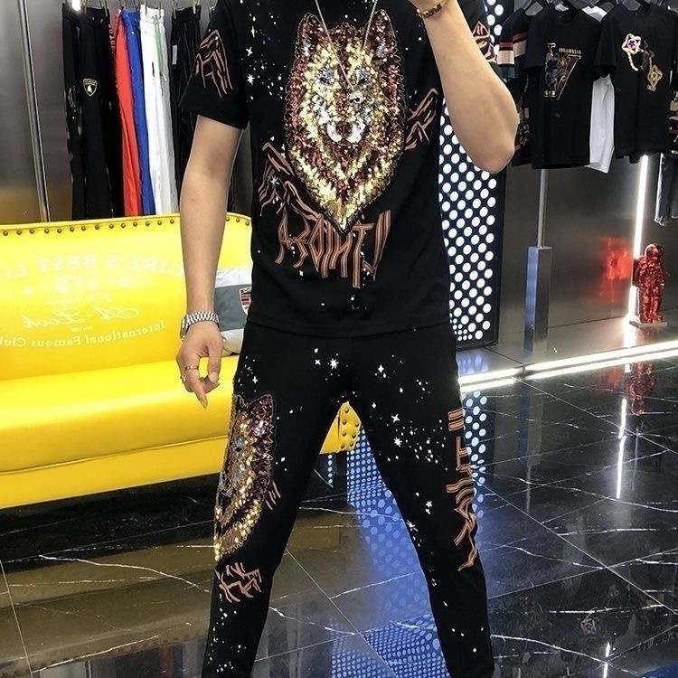 潮牌套装新款夏季男士网红同款狼头休闲裤两件套青春韩版潮流帅气