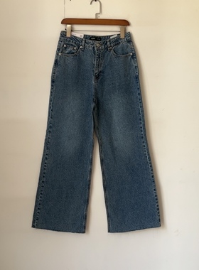 C509 30码 外贸原单女士牛仔裤 高腰无弹力 阔腿裤 蓝色YKk拉链