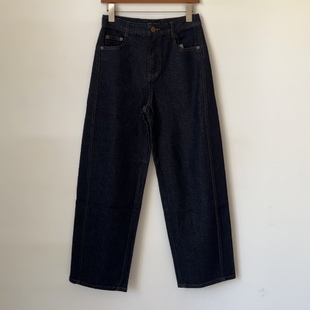 M弯刀女士新款深蓝色牛仔裤 春秋款女士长裤 高腰弹力宽松 阔腿裤