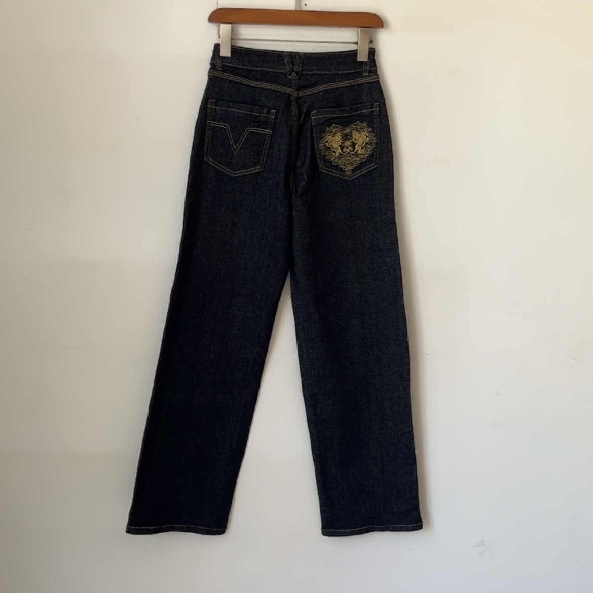 e#P新款秋 女士牛仔裤高腰弹力赤耳色深蓝色长裤直筒刺绣拉架裤子