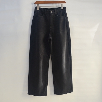 M 弯刀加绒女士牛仔裤超软高腰弹力阔腿裤直筒宽松 黑灰色长裤 冬