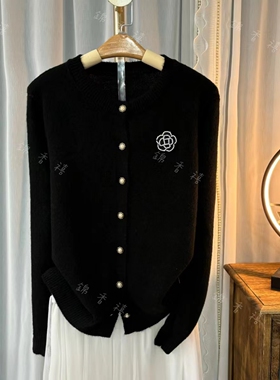 【V305圆领山茶花】黑色显瘦气质长袖百搭针织衫开衫外套