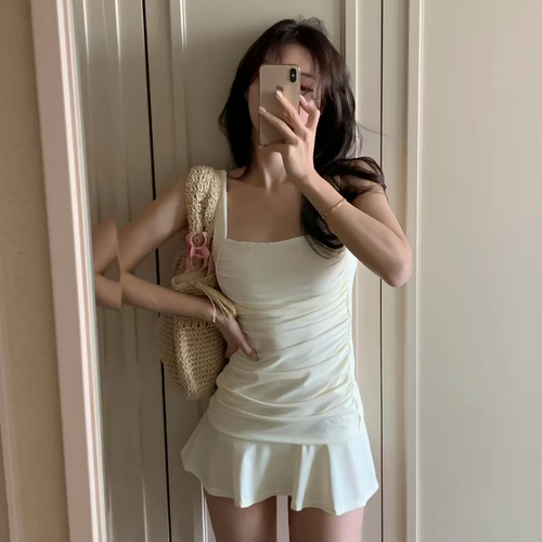 韩国ins简约抹胸裙式游泳衣女夏两件套保守露背小胸显瘦度假海边