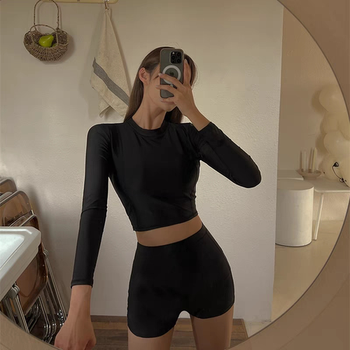 韩国ins泳衣女夏长袖保守冲浪服高腰平角学生运动温泉潜水服泳装