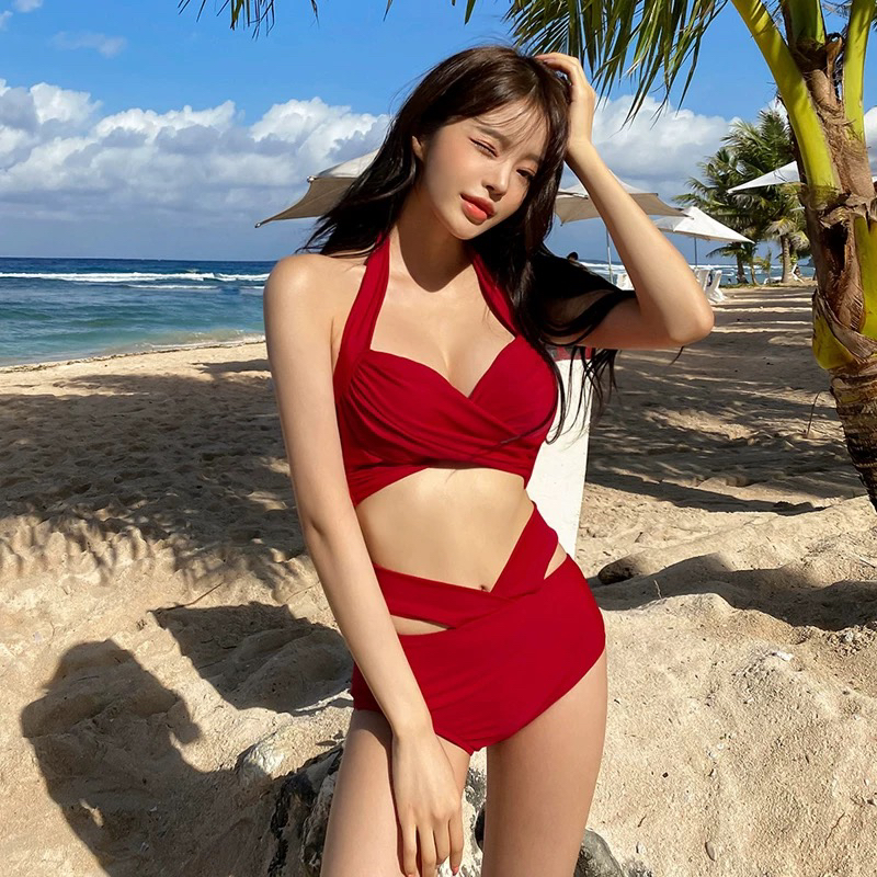 红色挂脖钢托高腰比基尼泳衣女韩国ins泡温泉性感大胸度假三点式