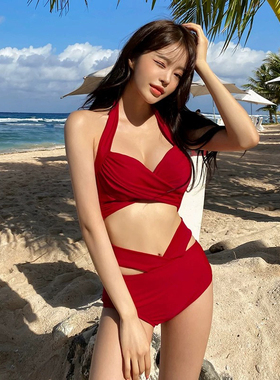 红色挂脖钢托高腰比基尼泳衣女韩国ins泡温泉性感大胸度假三点式