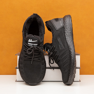 回力男鞋秋冬保暖工作鞋加绒加厚防滑轻便棉鞋黑色软底运动鞋冬季