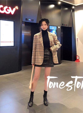 【现货清仓】韩国品牌LOCLE 复古短款格纹西装夹克外套西服