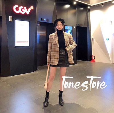 韩国复古短款格纹西装夹克外套