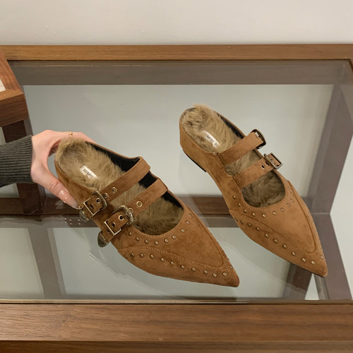 尖头真兔毛坡跟中跟包头半拖鞋女