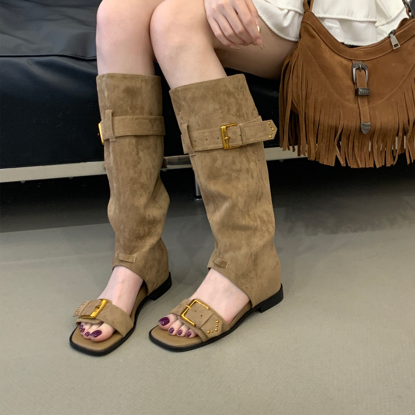 一字凉靴中筒内增高中跟褶皱靴女