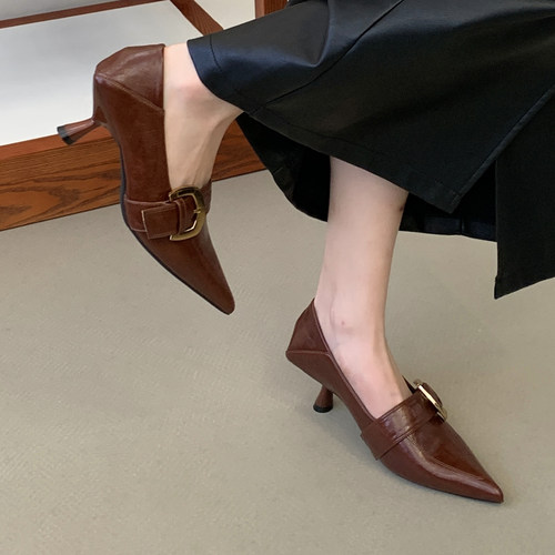 尖头细跟中高跟套脚单鞋法式女鞋