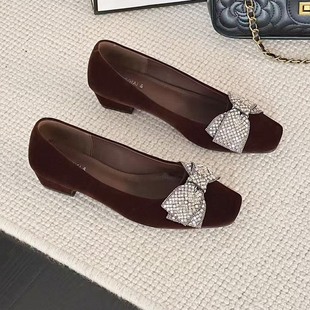 手工压水钻蝴蝶结甜美秀气法式粗跟低跟浅口单鞋四季鞋套脚女鞋子