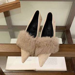 女鞋 欧美小粗跟低跟真兔毛加绒时尚 秀气舒适毛毛鞋 单鞋 冬 尖头法式