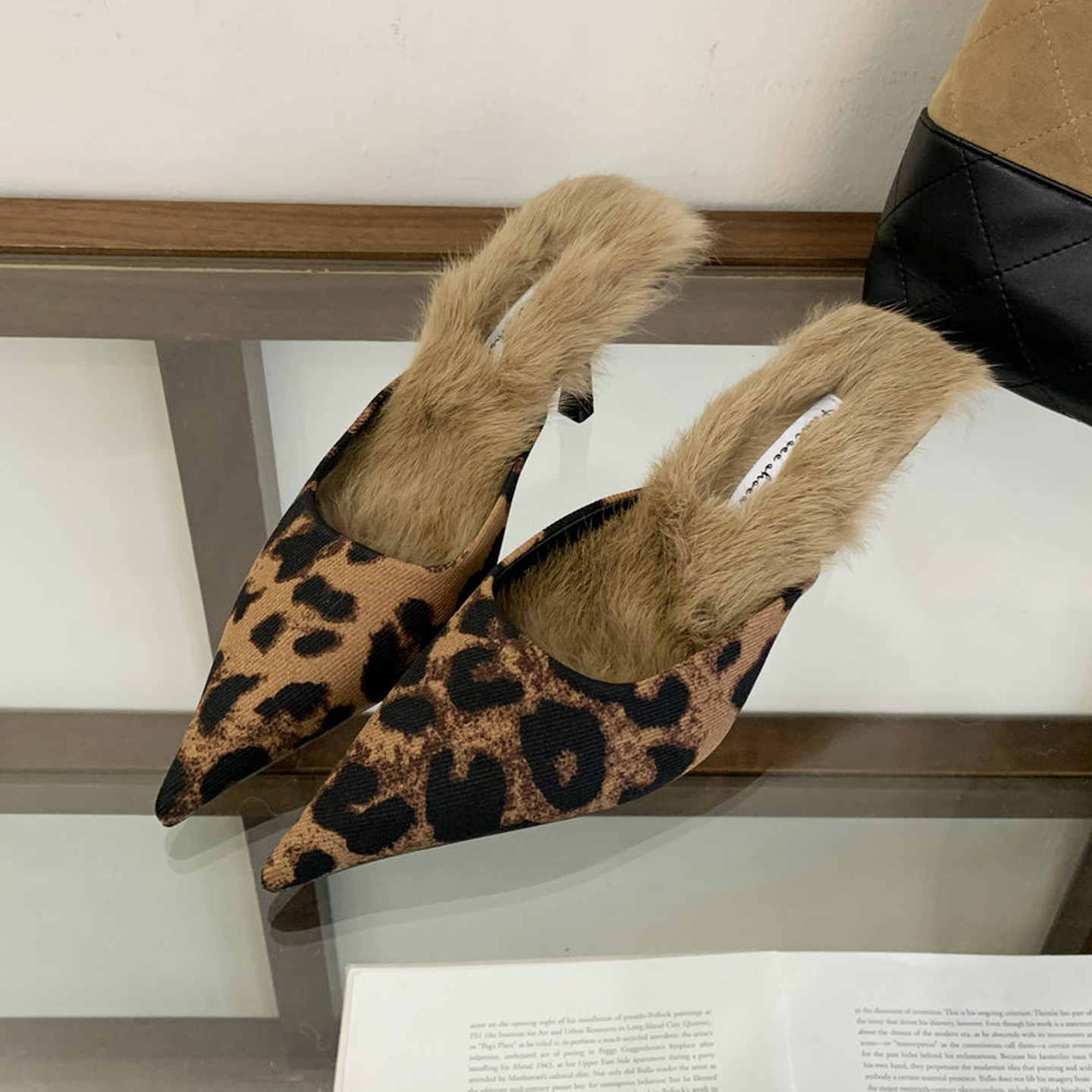 韩版细跟高跟真兔毛鞋垫尖头包头半拖鞋豹纹秀气优雅女鞋性感鞋冬,女鞋,毛毛鞋,淘宝优惠券,粉丝福利购,淘宝优惠卷