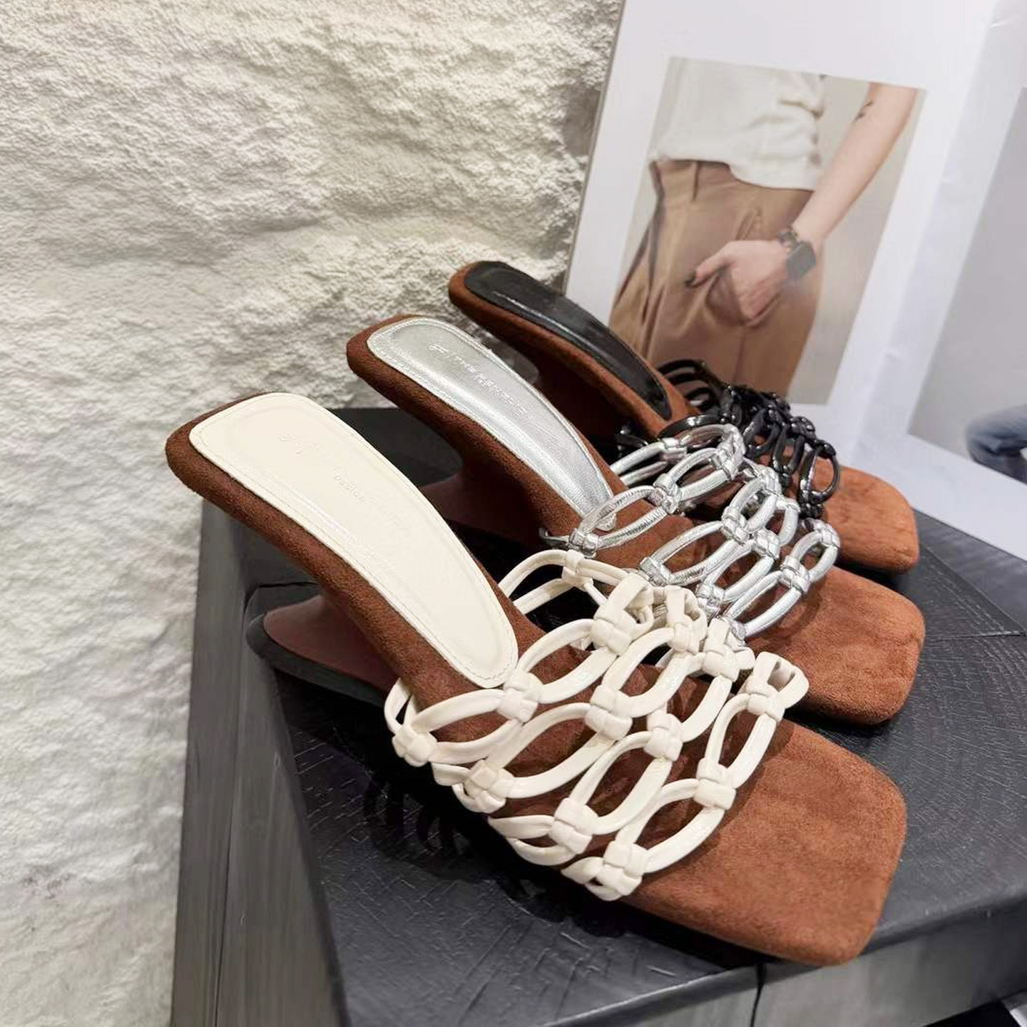 欧美个性链条一字拖鞋异形跟坡跟高跟方头凉拖鞋休闲小众百搭女鞋