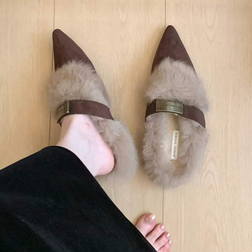 尖头包头半拖鞋真兔毛平底女鞋子