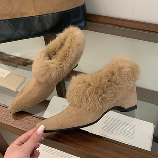 套脚舒适女鞋 毛毛鞋 保暖尖头深口粗跟中跟法式 欧美真兔毛加绒单鞋