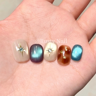 气质高级感美甲贴片 琥珀晕染蓝宝石猫眼纯手工穿戴甲短款 蓝调