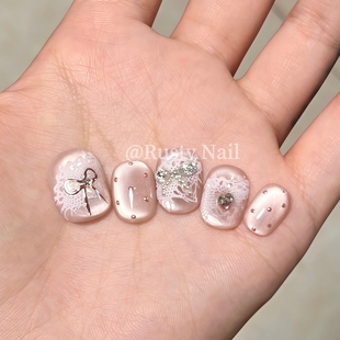 高级感美甲贴片 千金蝴蝶结波点猫眼纯手工穿戴甲短款 纯欲蕾丝