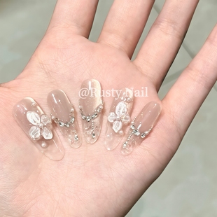 猫眼手工穿戴甲立体雕花美甲贴片 纯欲冰透碎冰冰法式 冰花琉璃