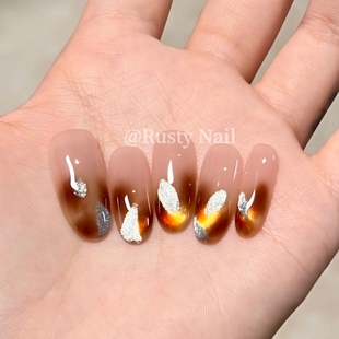 美拉德复古晕染蓝色猫眼纯手工穿戴甲高级感显白美甲贴片 现货