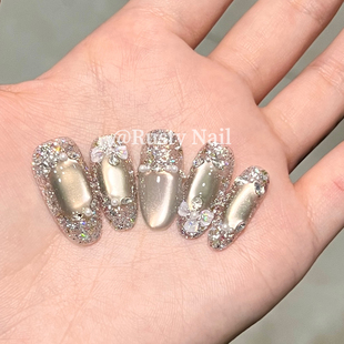 美甲贴片 高级感爆闪亮片绿色猫眼纯手工穿戴甲千金风长款 现货