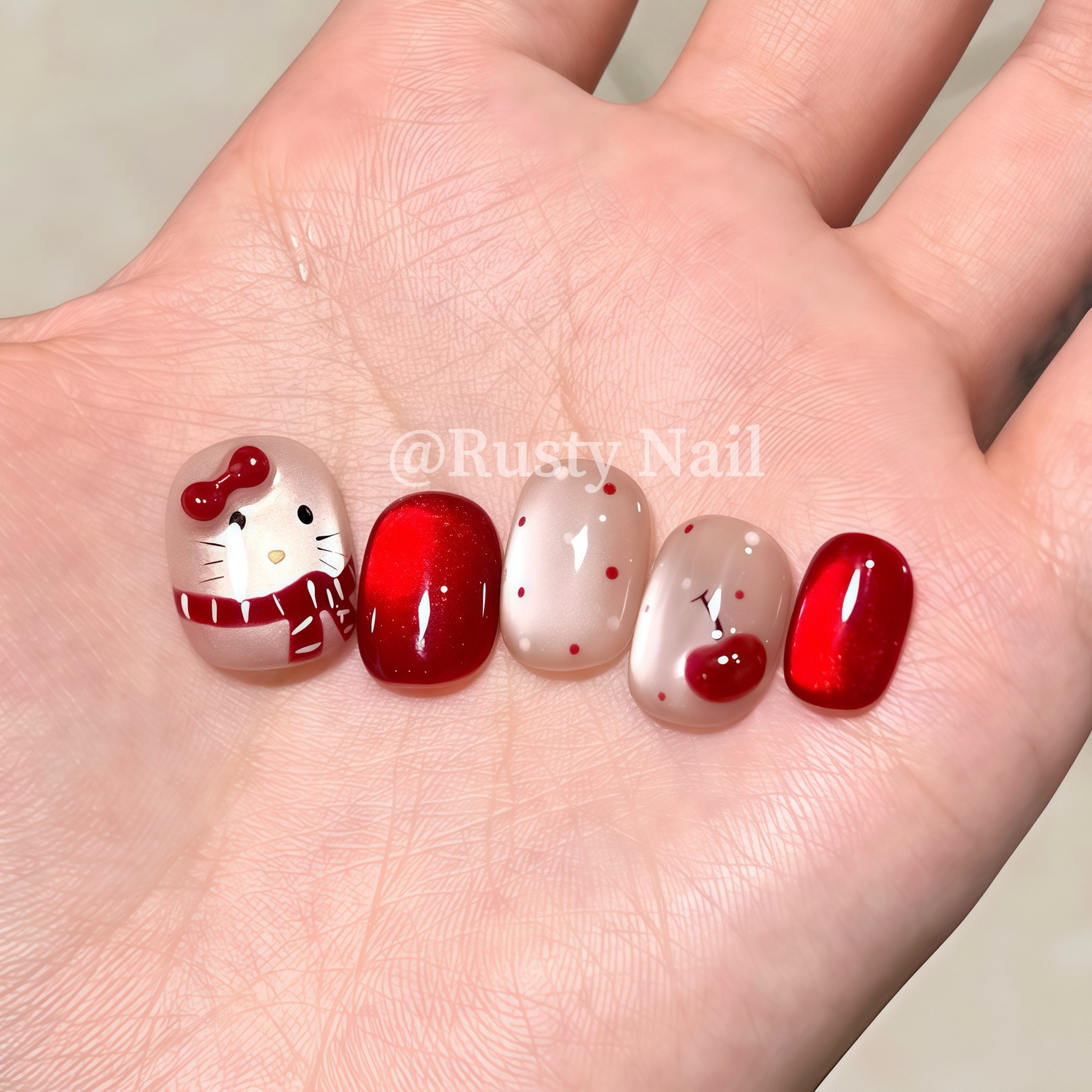 圣诞氛围感红色kitty手工穿戴甲