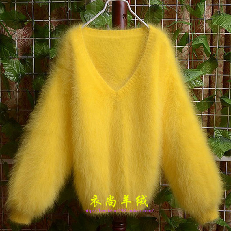 慵懒秋冬新款女长毛貂绒v领针织衫宽松貂绒毛衣性感v领泡泡袖外套