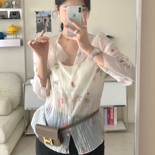 洋葱家~26夏上新刺绣轻薄透视长袖衬衫开衫