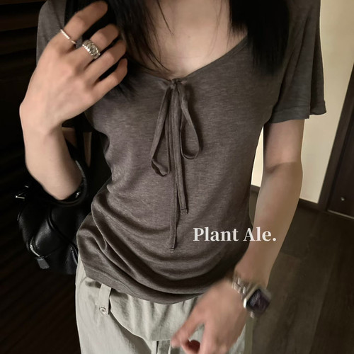 洋葱家~Plant Ale桑蚕丝39莱赛尔小清新简约系带短袖T恤