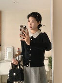 洋葱家优雅麻花领口珍珠装 饰翻领针织开衫 含羊毛