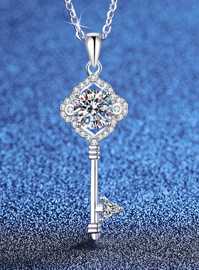 s925纯银莫桑钻项链韩版四叶草钥匙时尚锁骨链莫桑石项链