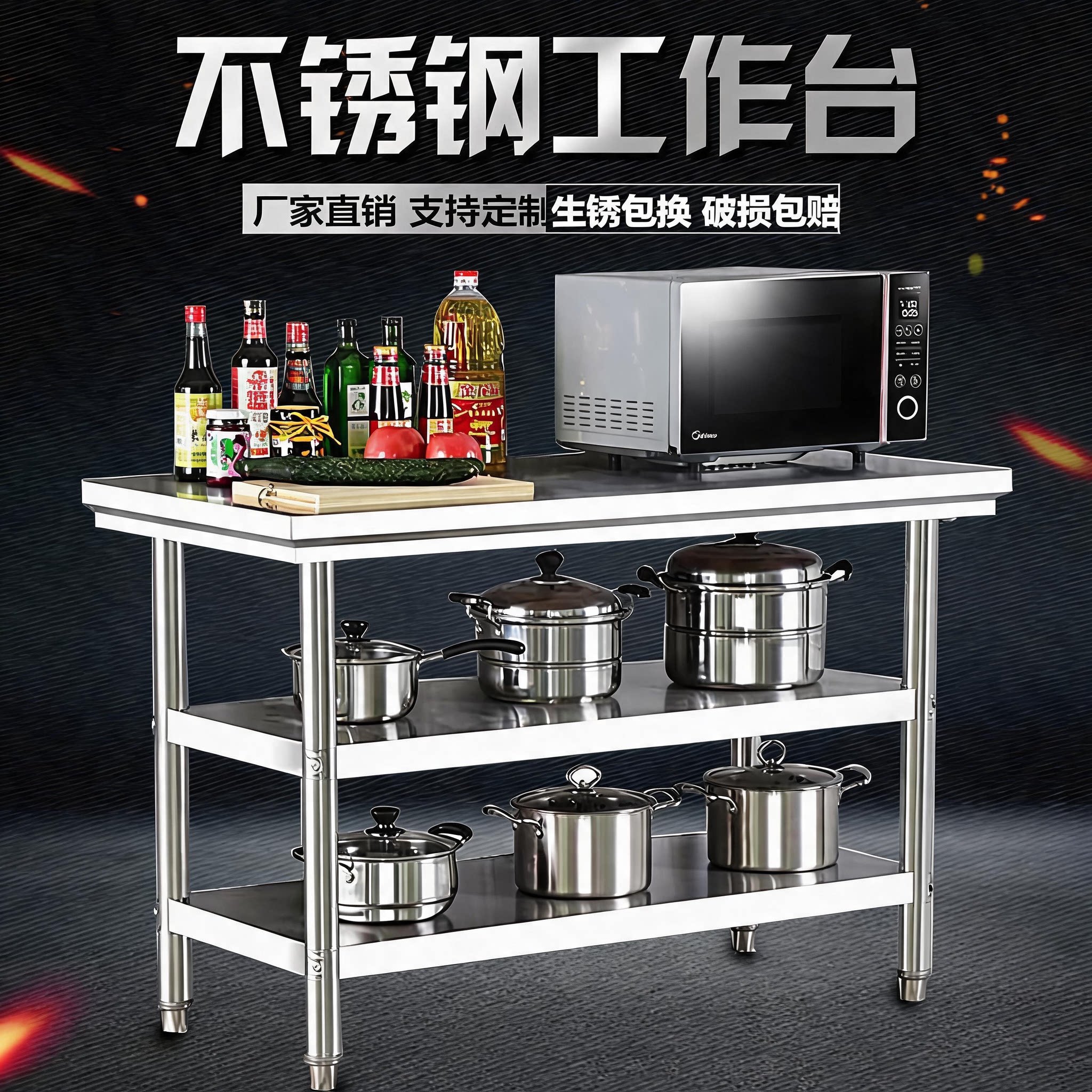 不锈钢工作台多层饭店厨房操作台图片