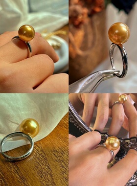 S925银茶金色施家珍珠戒指简约时尚百搭款