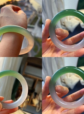 阳春绿双色天然绿玉髓手镯圆条手镯宽版饰品光面玛瑙水晶手环女