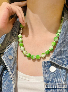 绿野仙踪12mm大颗粒绿色石英岩套装手链项链