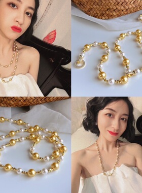 渐变大小南洋金珠项链施家珍珠项链小众个性毛衣链女新