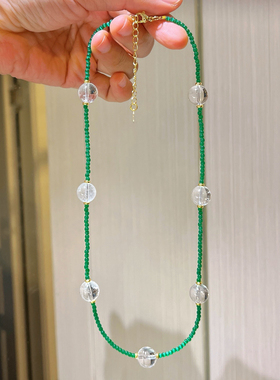 大颗粒天然白水晶人造祖母绿色猫眼石撞色项链锁骨链